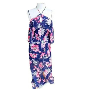 NEW XOXO Navy & Pink Floral Print Chiffon Off The Shoulder Halter Maxi Dress